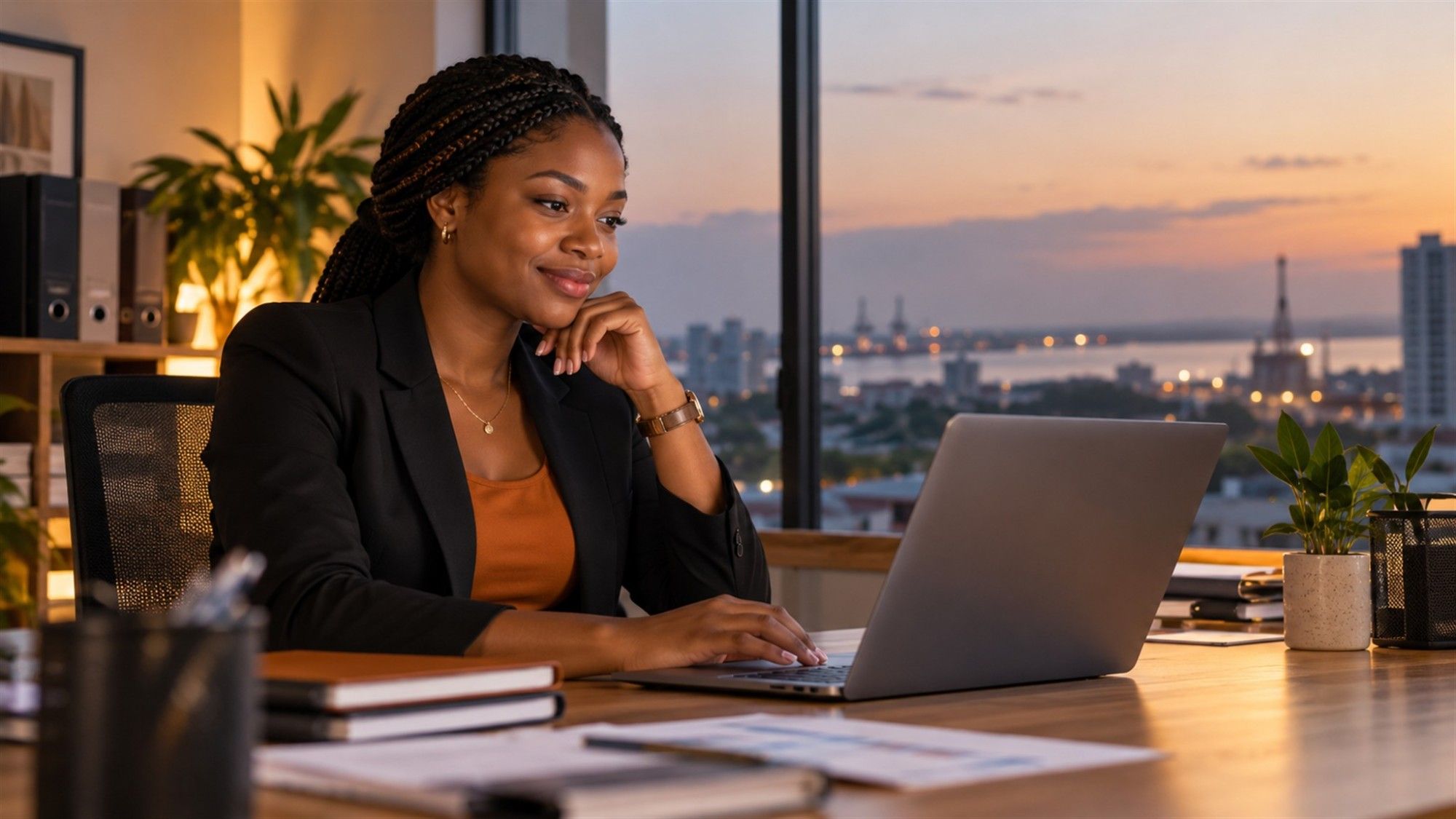 Une responsable de bureau consulte l'écran de son ordinateur portable, l'air rassuré.