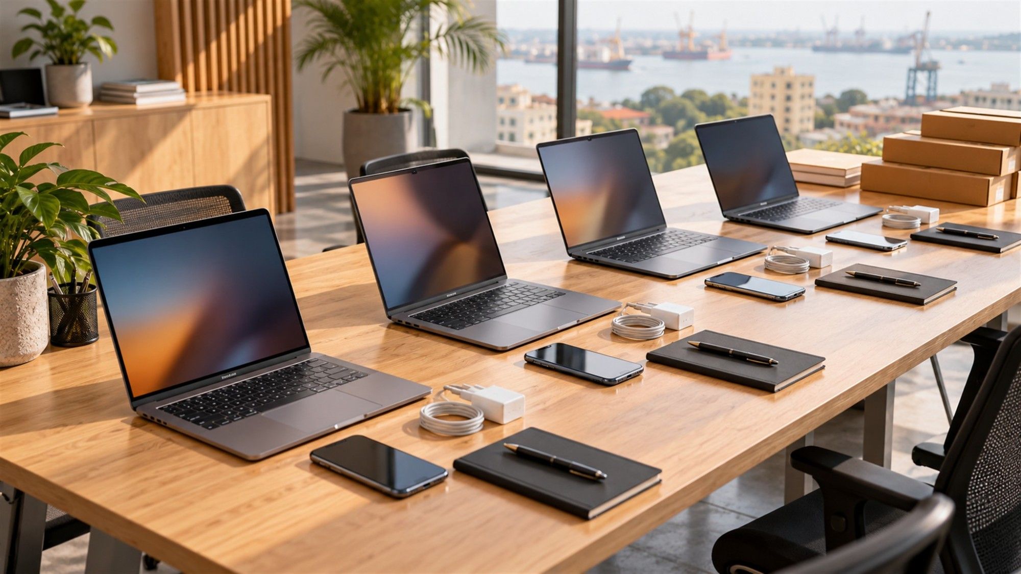 Ordinateurs portables et téléphones professionnels alignés sur une table claire, prêts à être remis.